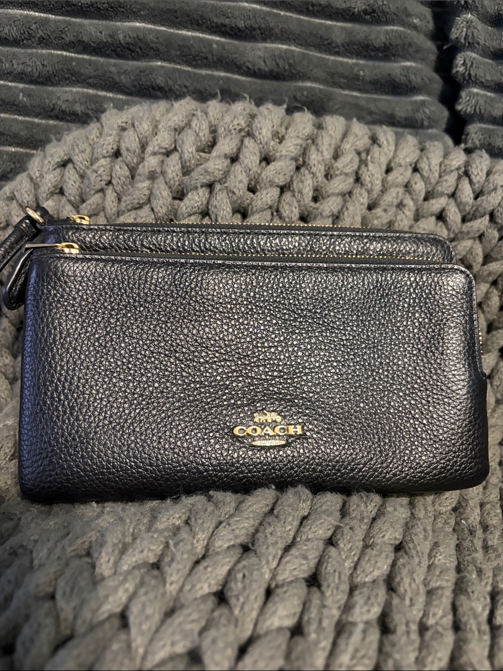 Coach Black Pebbled Leather Double-Zip Wristlet with Gold Hardware